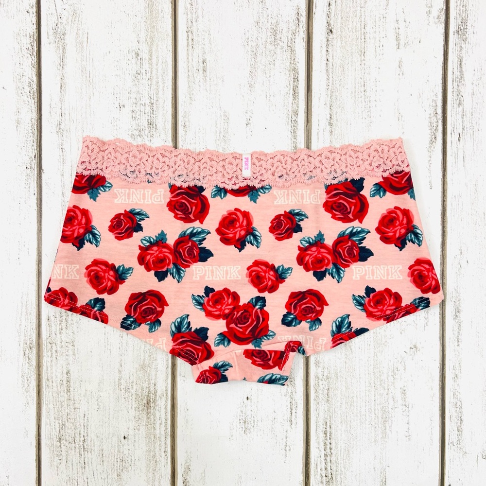 VS PINK Logo Boyshort Pantie Medium Red Roses Rare Print